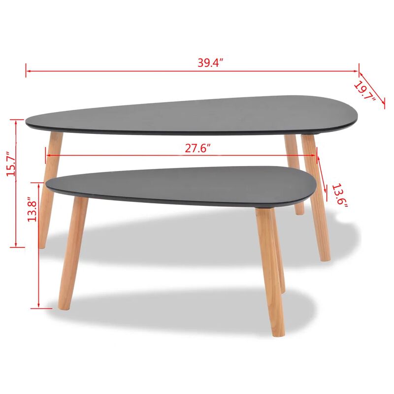 2 PIece Accent Coffee Table, Nesting, Black MDF, Brown Tapered Legs