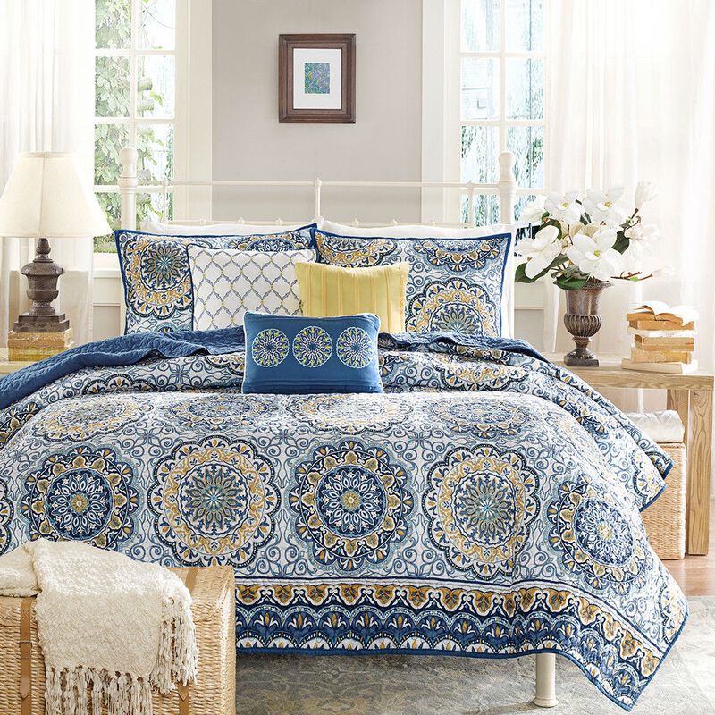 Hivvago Queen size 6-Piece Coverlet Quilt Set in Blue Floral Pattern