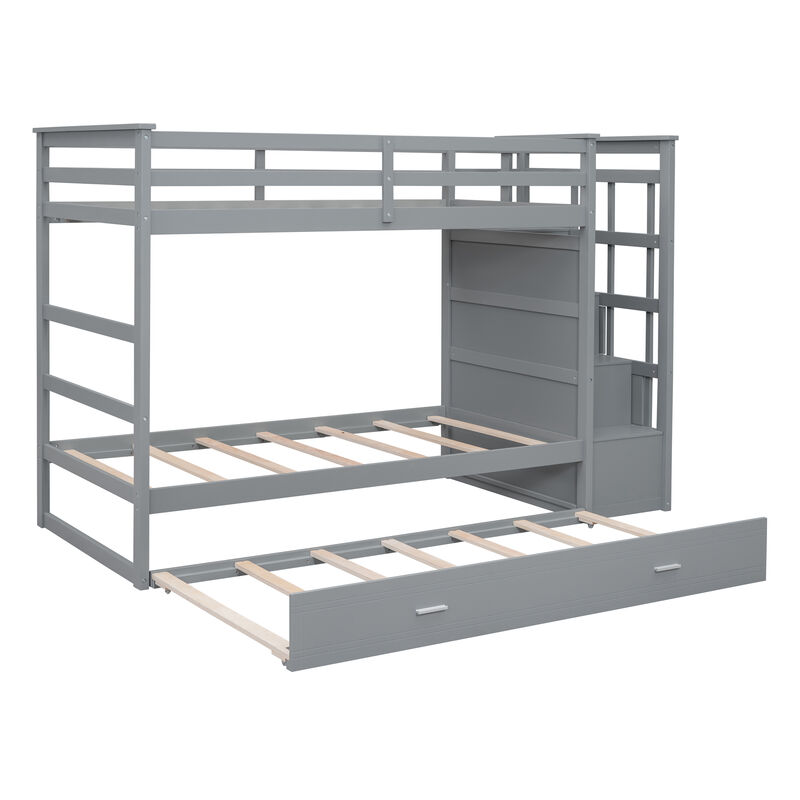 Whisen Modern Design Twin Over Twin Bunk Bed with Trundle and Staircase