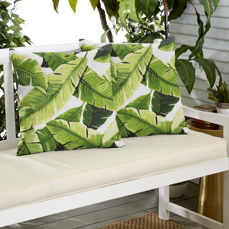 Set of 2 18" Green and White Tropical Indoor and Outdoor Square Pillows image number 1