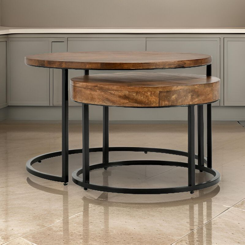 Nesting Coffee Table Set of 2, Natural Brown Wood, Black Iron Frame image number 5