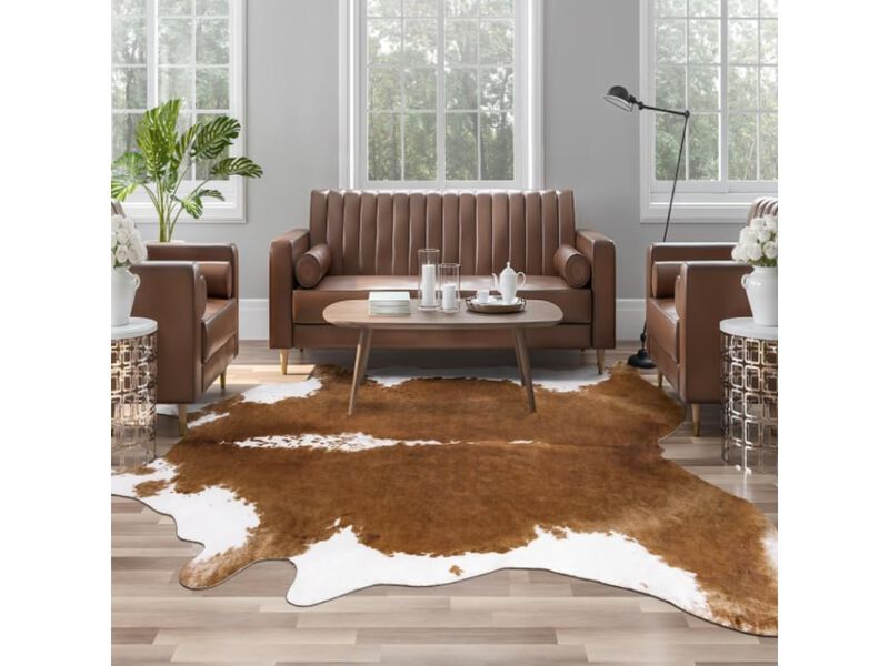 Brown Faux Cowhide Rug 4 by 5 Large Western Style Living Room Carpet Rug image number 1