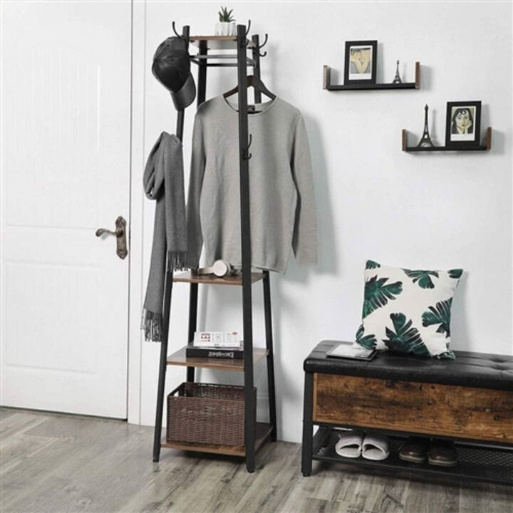 Industrial Coat Rack with 3 Shelves – Metal Frame and Wooden Shelves for Stylish Storage