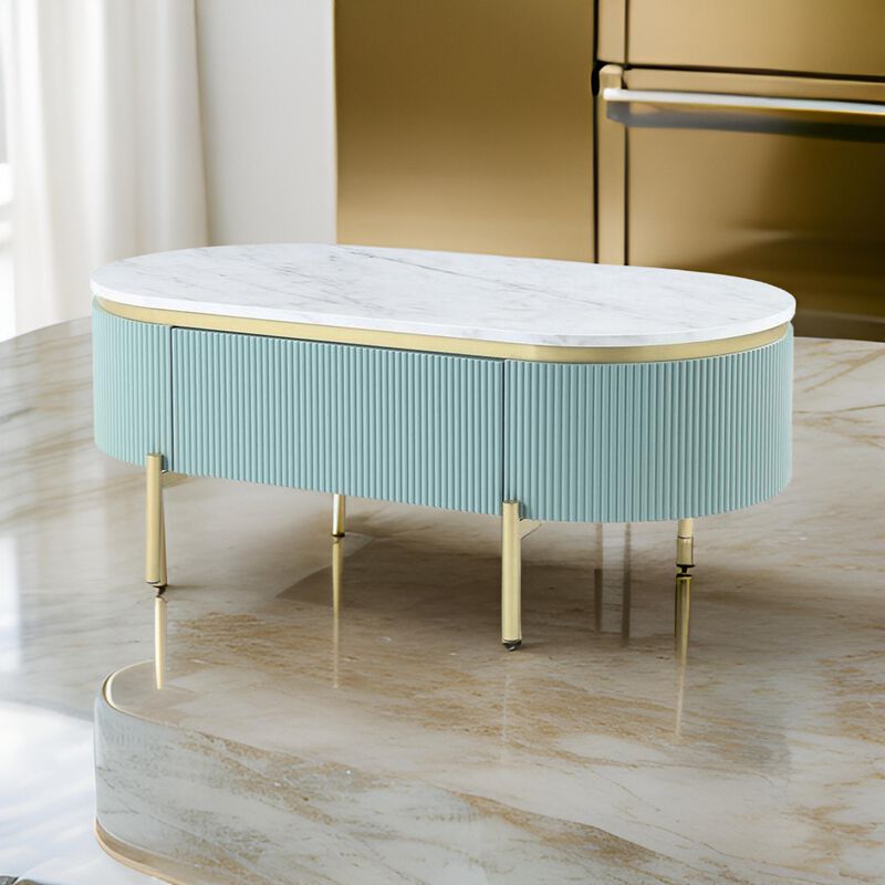 Ville 48 Inch Oblong Coffee Table, White Faux Marble Top, Teal Reeded Edges