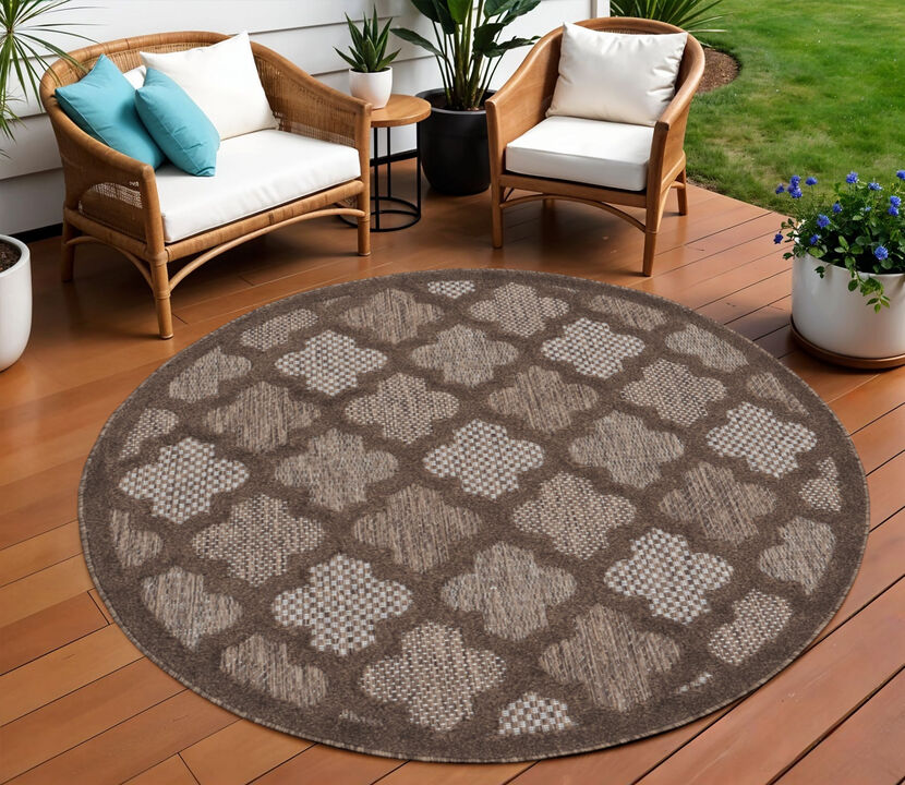 HomeRoots 8' Brown Round Geometric Indoor Outdoor Area Rug