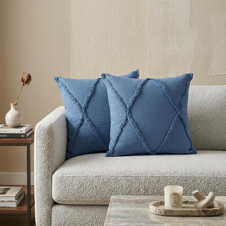 HomeRoots Set of Two Blue Diamond Cotton Throw Pillow With Fringe