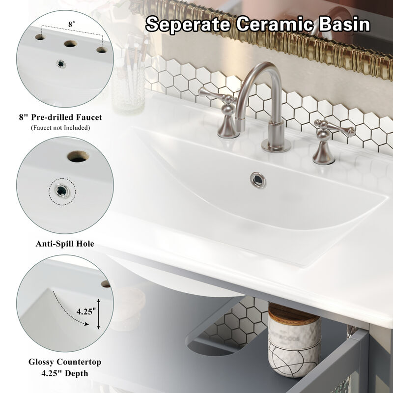 TATEUS 36-Inch Bathroom Vanity with Ceramic Sink Functional Storage with Smart Layout