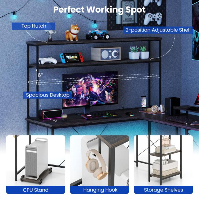 Hivvago L-Shaped Reversible Gaming Desk with LED Strip and Power Outlets Hutch Monitor Stand
