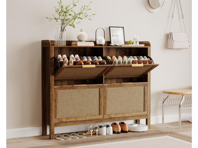Entryway Shoe Storage Cabinet Flip Drawer Adjustable Shelves Brown image number 1