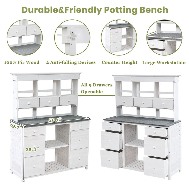 Potting Bench with Multiple Drawers & Shelves, Adjustable Shelf & Anti-Falling Device
