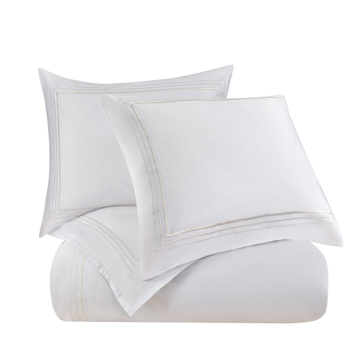 Border Embroidery Twin White Duvet Cover Set