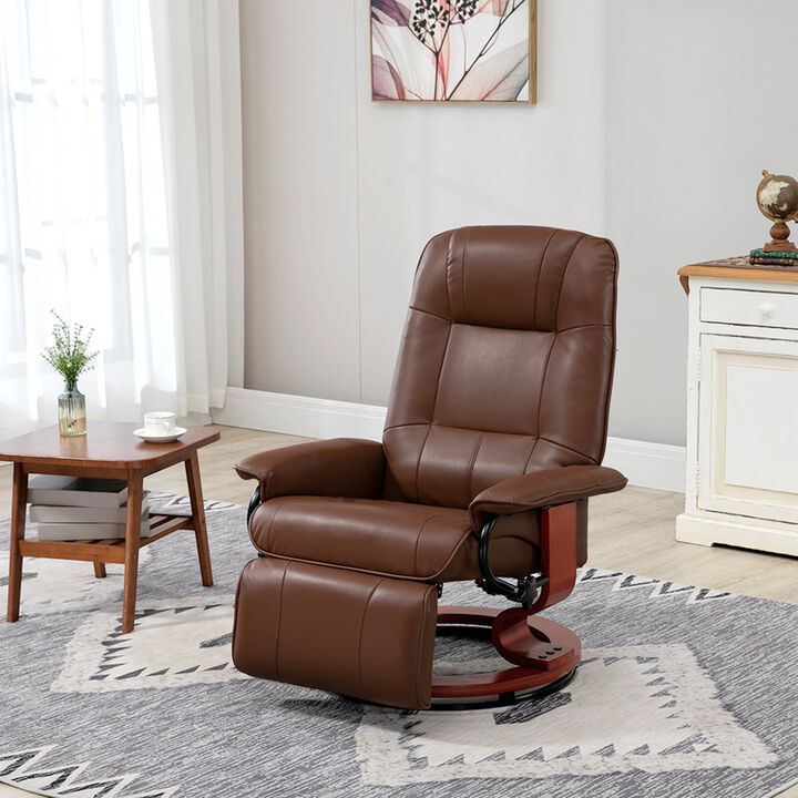 Faux Leather Manual Recliner, Adjustable Swivel Lounge Chair with Footrest, Armrest and Wrapped Wood Base for Living Room, Brown