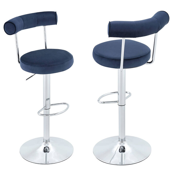 Set of 2 swivel bar stools, velvet upholstered adjustable height bar chair with open back, chrome base counter stools with footrest