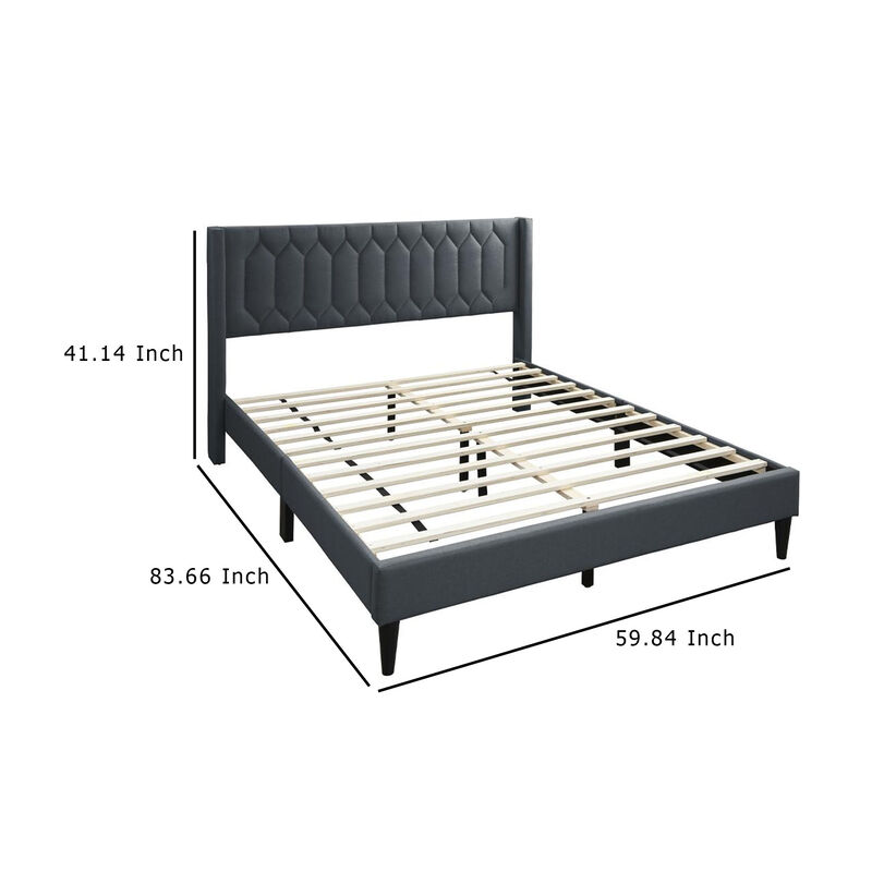 Jeo Queen Size Bed, Geometric Stitched Charcoal Gray Burlap Upholstery - Benzara