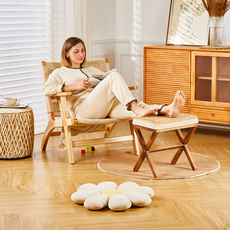 Natural Seagrass Footstool Rectangular Ottoman with Wooden X-Legs For Home Decor