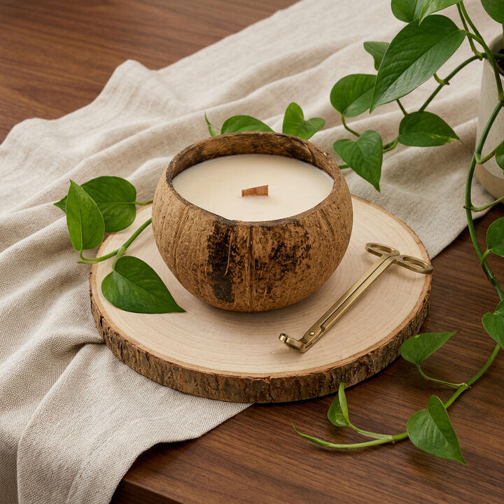 HomeRoots 4" Unscented Candle In Brown Coconut Shell Holder