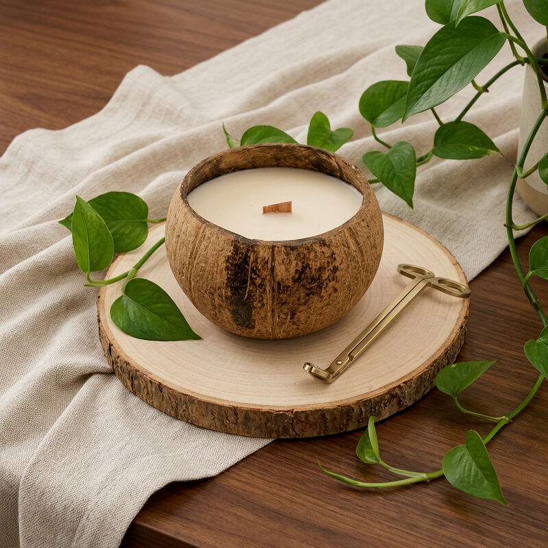 HomeRoots 4" Unscented Candle In Brown Coconut Shell Holder image number 1