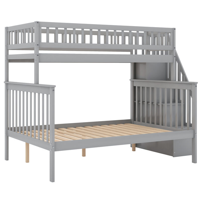 Twin over Full Stairway Bunk Bed with Storage, Gray