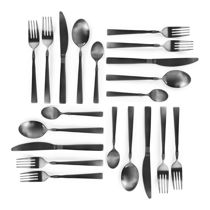 MegaChef Cravat 20 Piece Flatware Utensil Set, Stainless Steel Silverware Metal Service for 4 in Matte Black