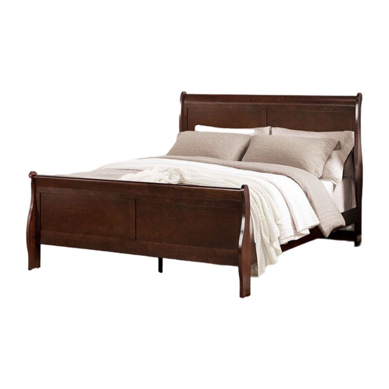 Ryla Queen Size Bed, Sleigh Panel Headboard, Dark Cherry Brown Solid Wood - Benzara
