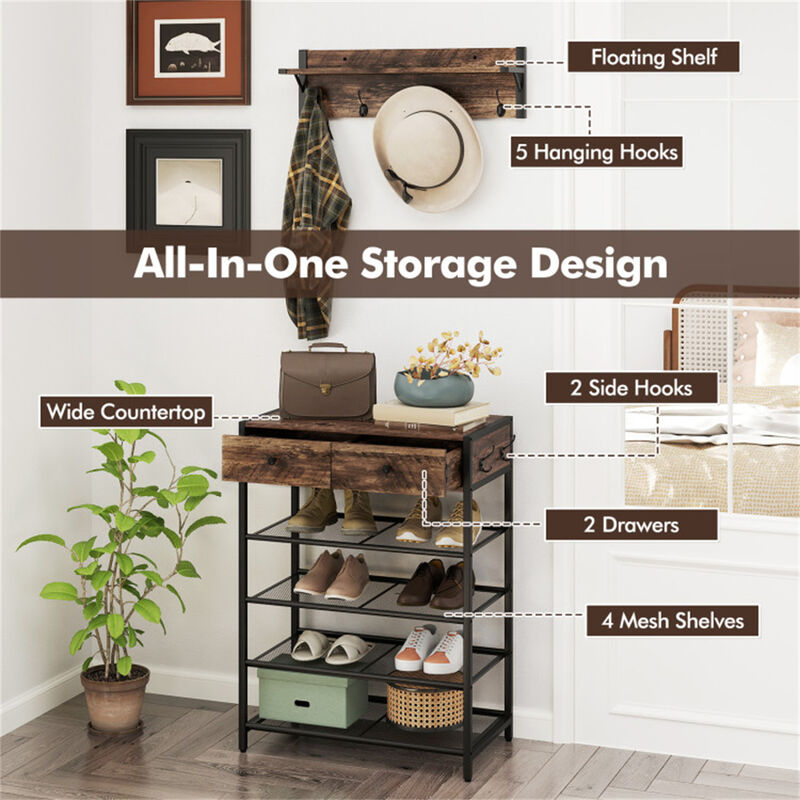 5 Hook Entryway Coat Rack with 2 Drawer Shoe Cabinet and 4 Mesh Shelves image number 5