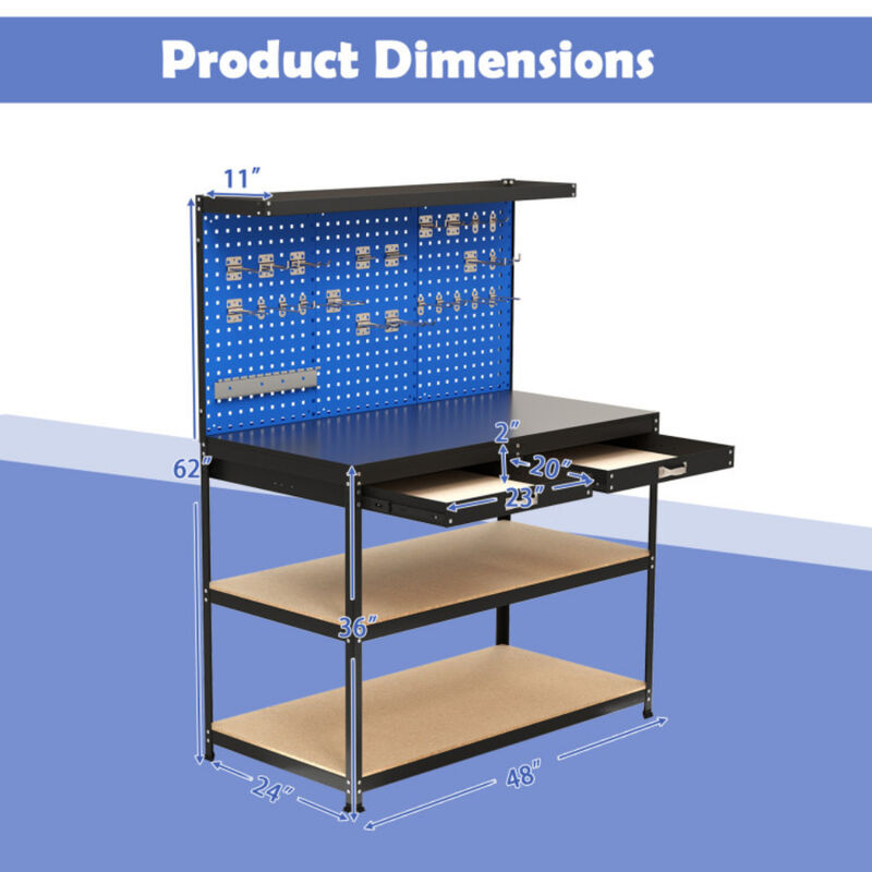 Workbench Work Table with 3 PCs Pegboard Drawer and Shelves