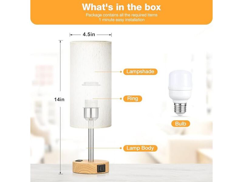 Bedside Touch Table Lamp &ndash; 3‑Way Dimmable with USB‑C Ports, AC Outlet & LED Bulb