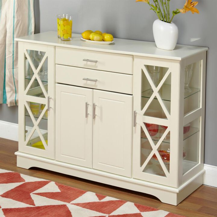 Hivvago White Wood Buffet Sideboard Cabinet with Glass Display Doors