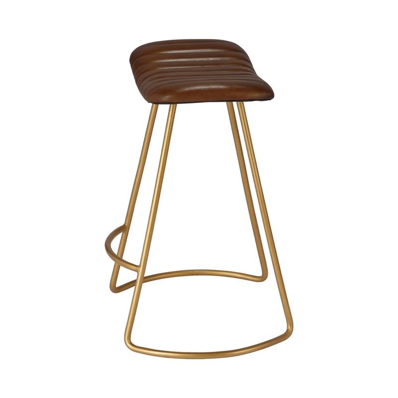 Counter Stool with Leatherette Vertical Channel Stitching, Brown and Antique Brass - Benzara