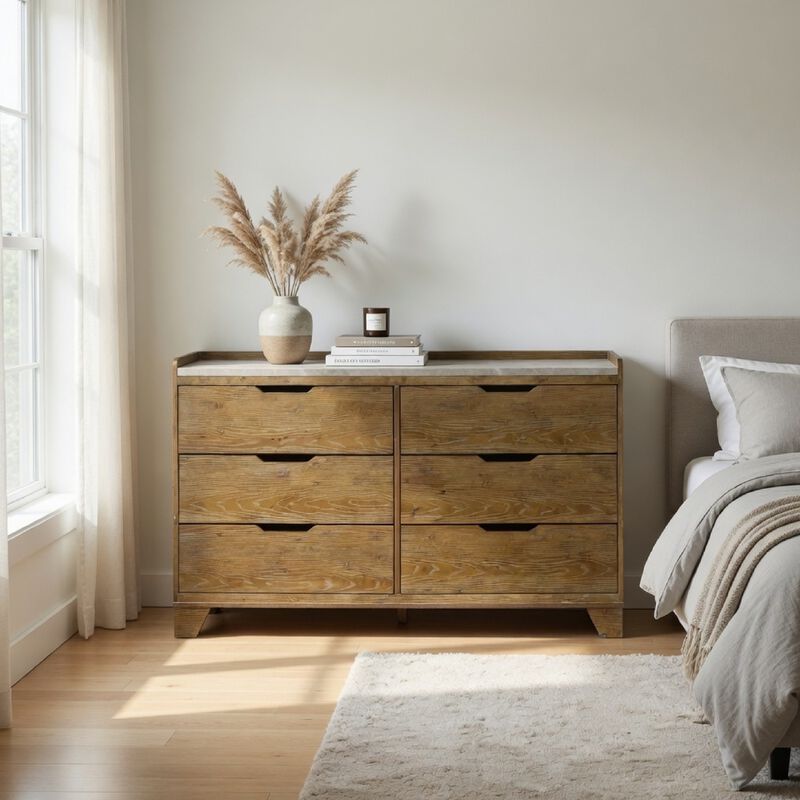 Nolan Wide Dresser with Faux Marble Top, 6 Drawers, Brown Wood image number 8