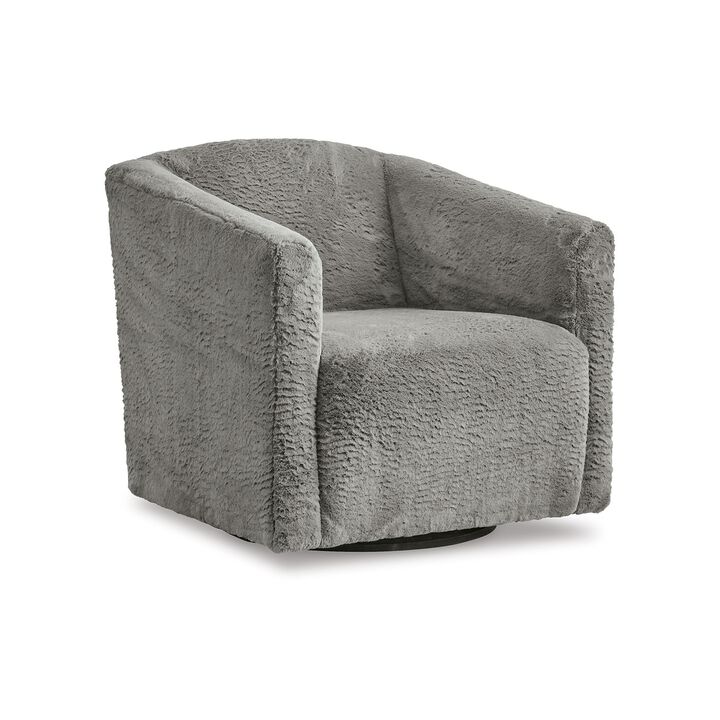 Amanora Accent Chair, Charcoal Gray Faux Rabbit Fur Polyester, Black Metal