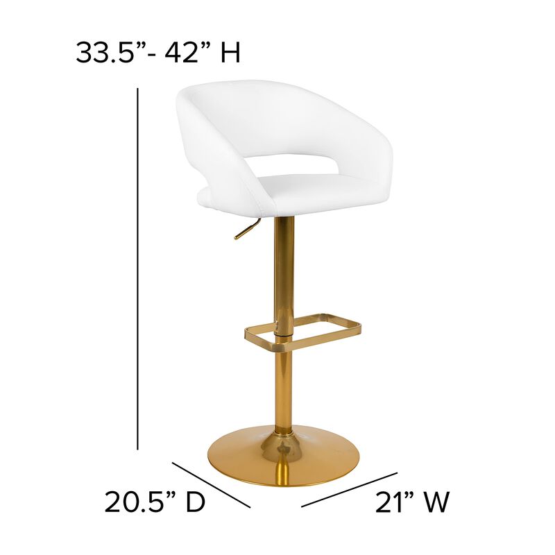Flash Furniture Erik Comfortable & Stylish Contemporary Barstool with Rounded Mid-Back and Foot Rest, Adjustable Height - White Vinyl with Gold Base