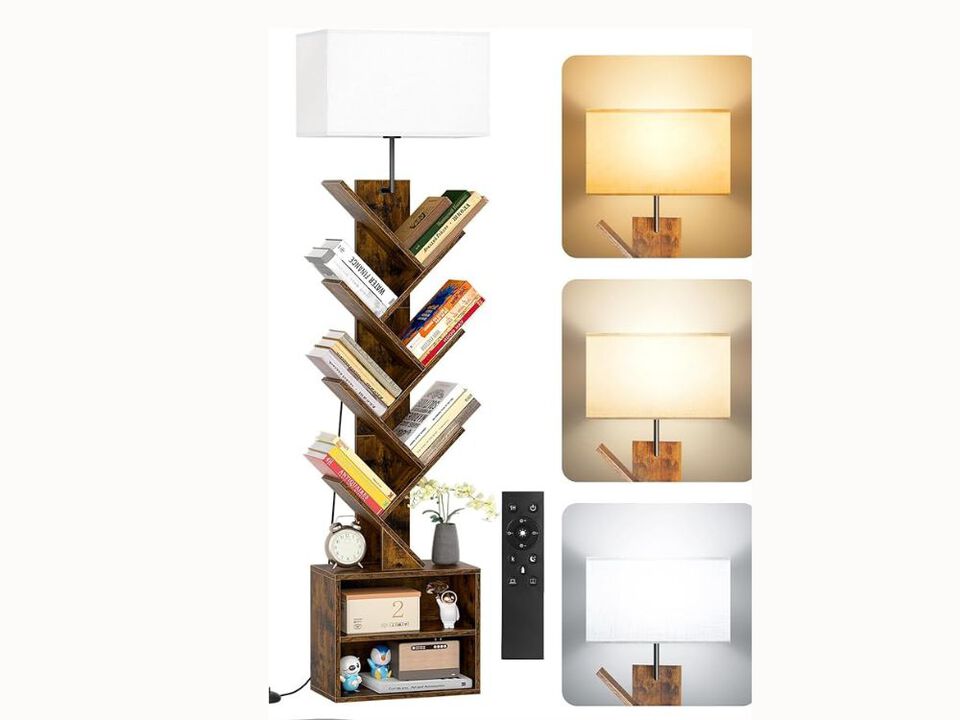 9-Tier Tree Bookshelf with Light & Cabinet – Dimmable Corner Bookcase with Remote & Timer for Living Room, Bedroom