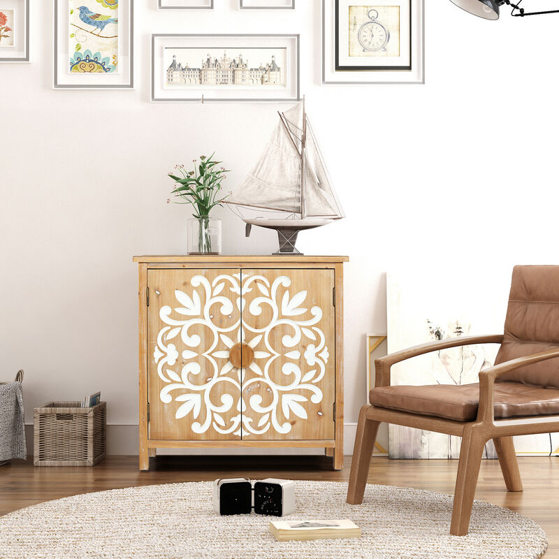 TATEUS Rustic  Floral Carved Doors Wooden Accent Cabinet