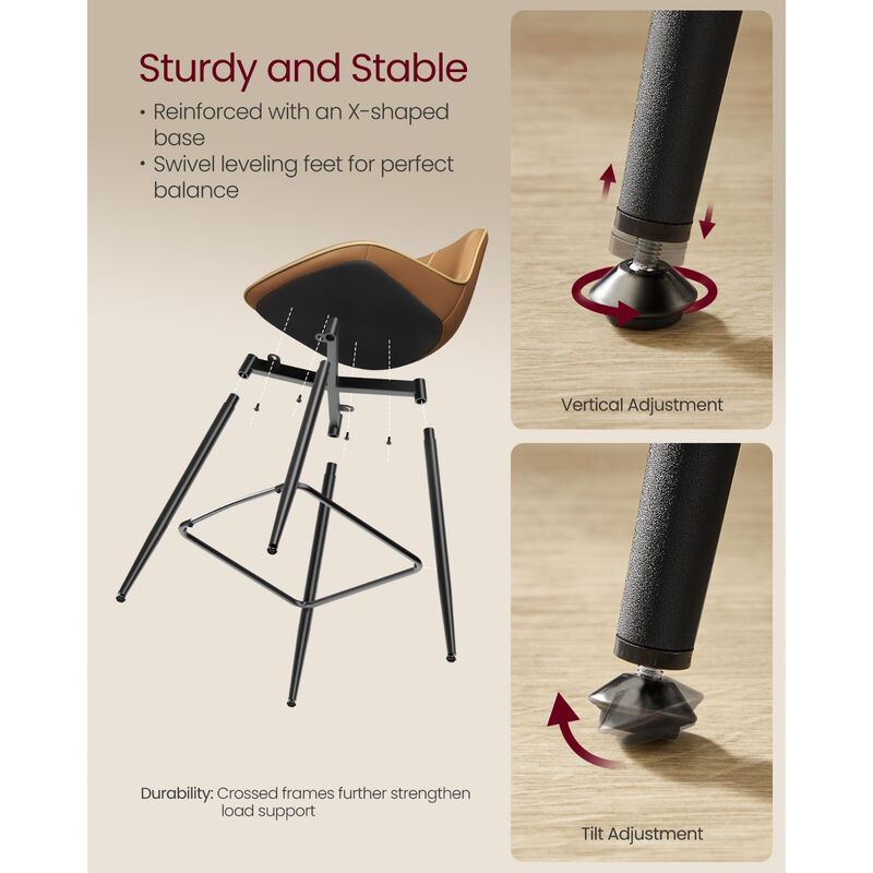 Set of 2 Bar Height Stools &ndash; Modern Tall Chairs with Back Support & Sturdy Base for Home Bar or Countertop