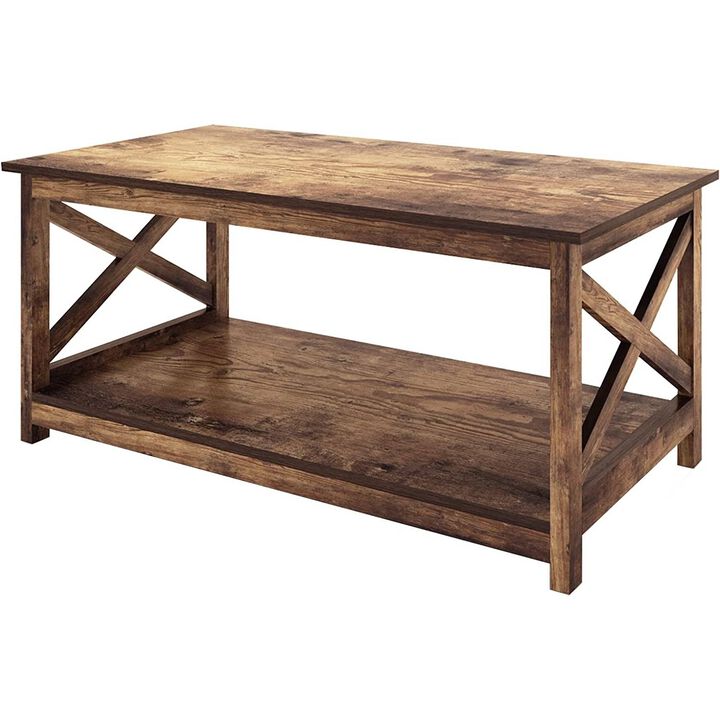 Hivvago Contemporary 2-Tier Farmhouse Coffee Table in Rustic Wood Finish