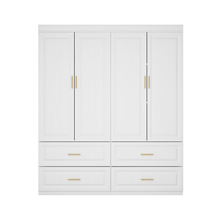 FUFU&GAGA 4-Door Wardrobe Closet with 4 Drawers, Cube Storage, and Hanging Rod - Coastal Style White Armoire Wardrobe Cabinet,(63" W x 20.6" D x 74.2" H),White