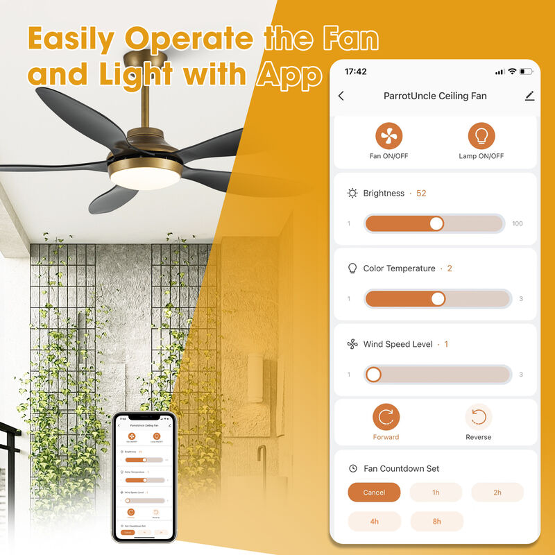 52" Antique Brass Smart Ceiling Fan with Light and Remote, App Control, Voice Control