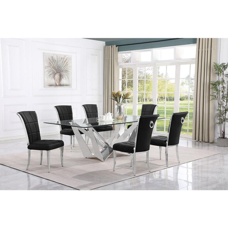 7pc Large(94") glass dining set with silver base and 6 Black side chairs