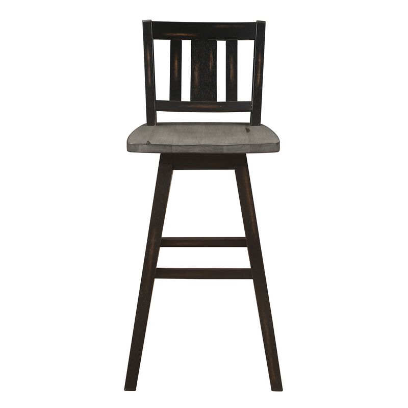 Ati 29 Inch Bar Height Stool Swivel Chairs Set of 2, Vertical Slat Back, Gray, Black