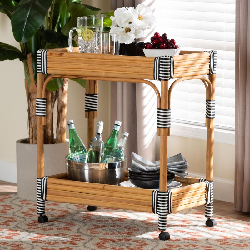bali & pari Carmine Natural Rattan Kitchen Cart - 2-Tier Handwoven Wicker Storage Trolley with Raised Borders for Kitchen or Lounge image number 6