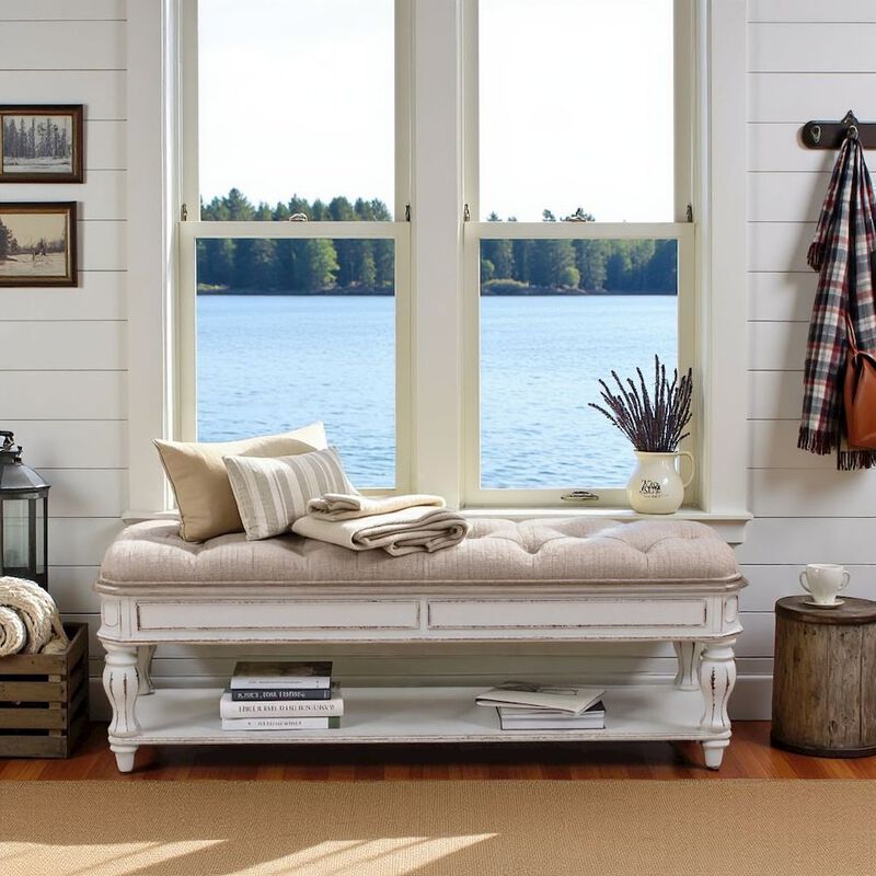 Liberty Furniture White Antique Bedroom Bench With Storage Shelf, End of Bed Accent Seat image number 2