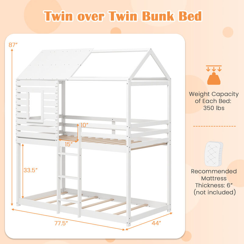 Sturdy Wood Bunk Bed with Roof and Long Guardrails – Creative House Bed for Children
