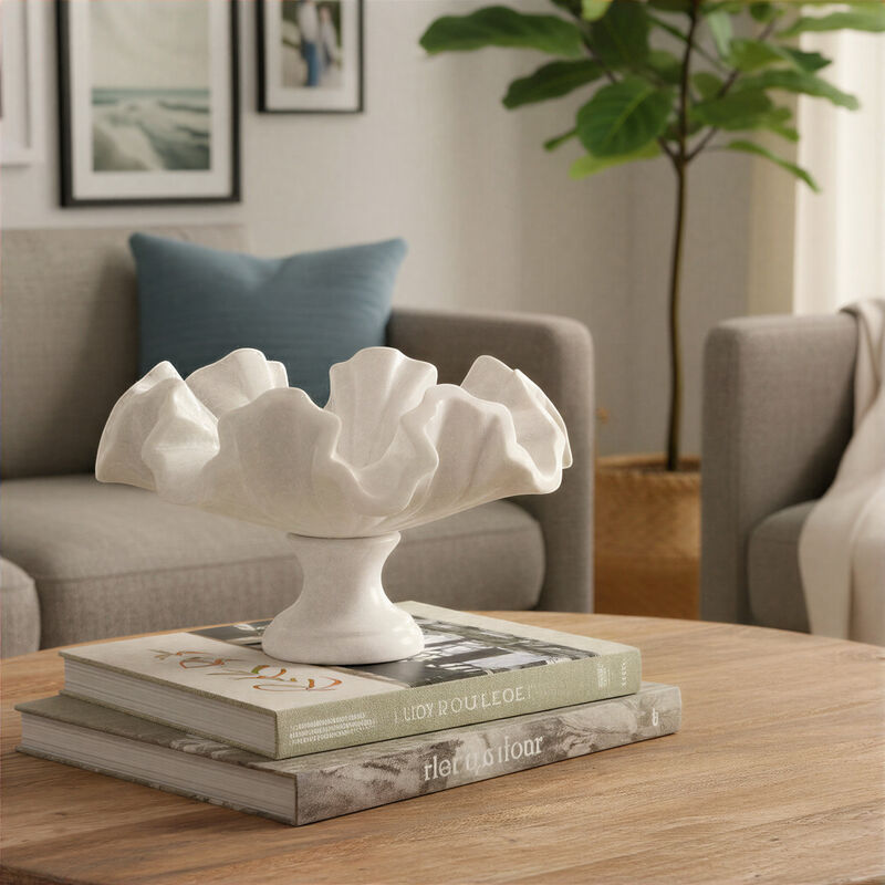 Marble Ruffled Pedestal Bowl, White image number 1