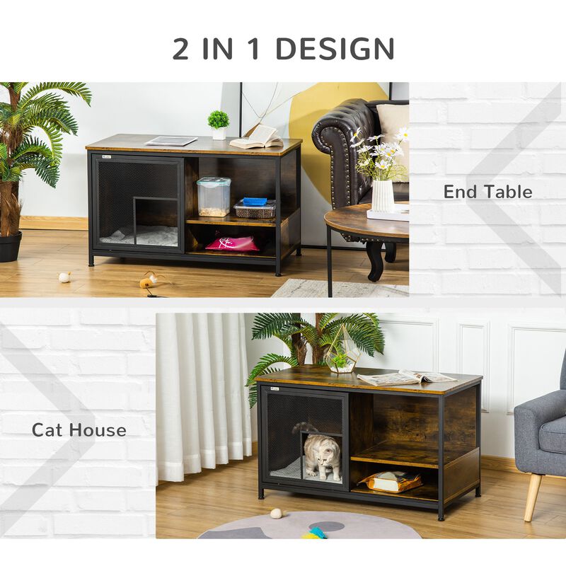 Cat Kennel, Wood & Steel End Table Style with Cushion & Sliding Doors, Pet Kitten Crate, Elevated Indoor Small Animal Cage, Rustic Brown