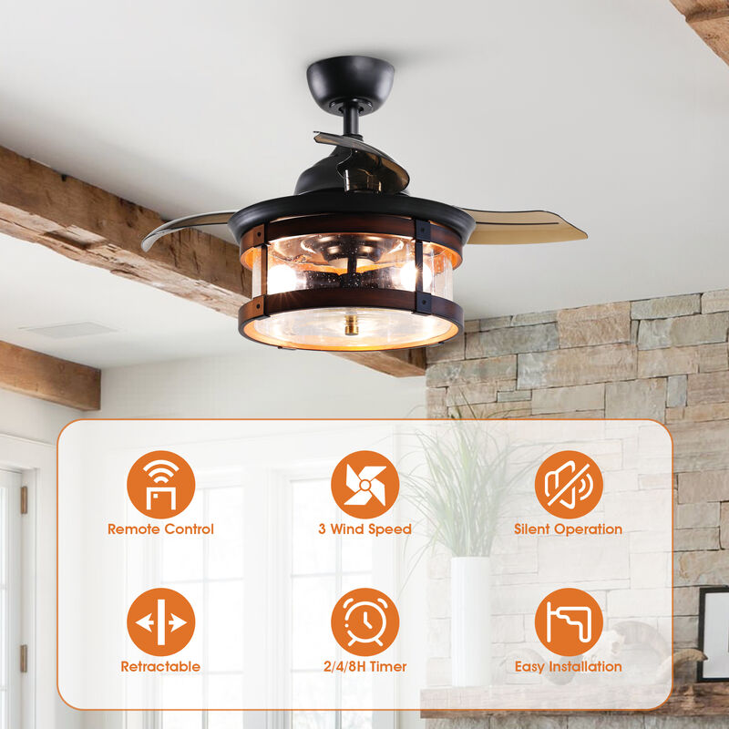 36 in. Industrial Retractable 3 Blades Ceiling Fan Chandelier with Remote