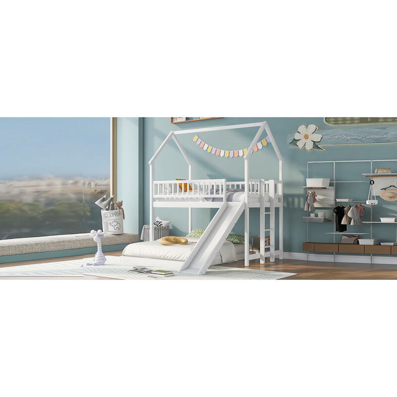 Twin Over Full House Bunk Bed With Slide And Built-In Ladder, Full-Length Guardrail, White