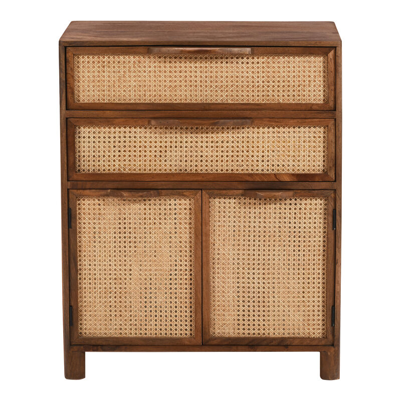 Mia 35 Inch Tall Dresser Chest, Woven Cane Cabinet Doors and Drawer Fronts, Handcrafted Natural Mango Wood - Benzara