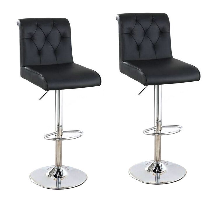 Adjustable Barstool with Rolled Button Tufted Back, Set of 2, Black-Benzara