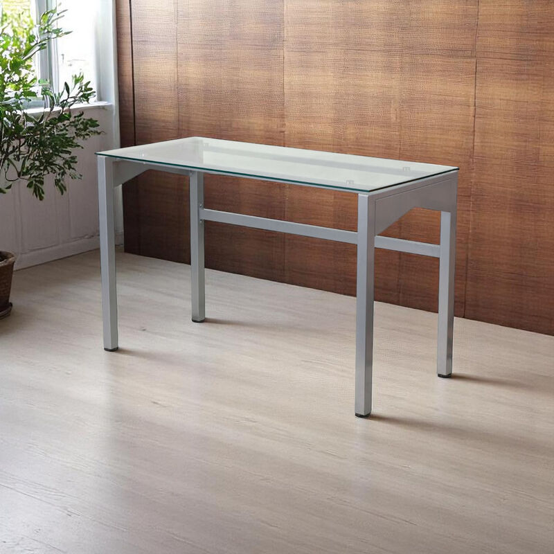 Modern Rectangular Glass Writing Desk – Clear Tempered Glass Top & Metal Frame